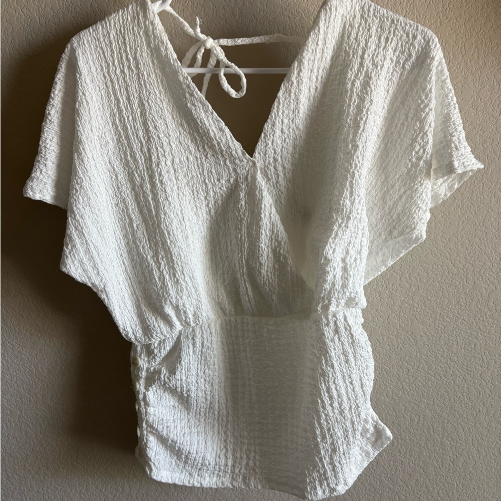 Daytrip White Flutter Sleeve Wrap Blouse